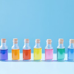 Colorful glass bottles lined on blue background