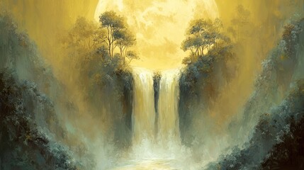 Lush, yellow waterfall cascade amidst lush vegetation under a brilliant, radiant moon