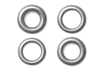 Realistic Metallic Grommet Set of 4, Shiny Silver Eyelets, Vector Illustration, Isolated on Transparent Background, Industrial Hardware, Curtain Rings, Sewing Accessories, Metal Fastener Elements