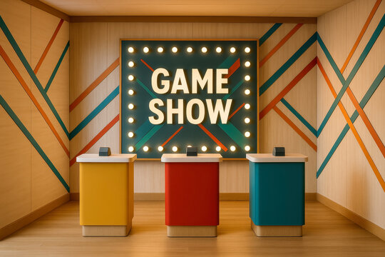 Colorful retro game show studio set with buzzers and lights
