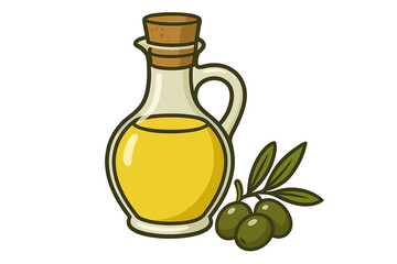 Glass Bottle of Olive Oil with Cork Stopper and Green Olives Branch, Healthy Cooking Ingredient, Mediterranean Cuisine, Isolated Vector Illustration, Transparent Background, Natural Organic Food