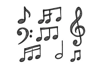 Ornate Hand-Drawn Music Notes and Clefs Vector Illustration, Sketched Musical Symbols, Treble and Bass Clef, Isolated on Transparent Background, Artistic Music Icon Set