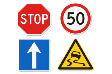 Realistic Vector Set of Road Traffic Signs Including Stop, Speed Limit, One Way, and Slippery Road Warning on Transparent Background for Transportation and Safety Concepts