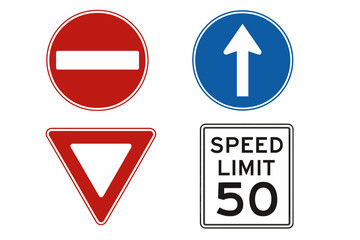 Realistic Vector Set of Road Traffic Signs Including No Entry, One Way, Yield, and Speed Limit 50 on Transparent Background for Urban and Highway Safety Design