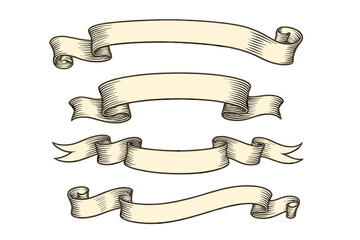 Vintage Scroll Banners Set. Hand Drawn Ribbon Banner Collection. Retro Blank Scrolls, Curved Ribbons, Antique Decorative Labels. Engraved Style Vector Illustration on Transparent Background