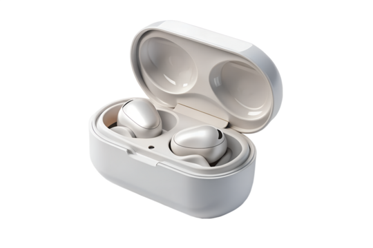A close up of white wireless earbuds inside their open charging case on black
