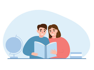 Students sitting at the table with a book in class. Vector flat graphics.