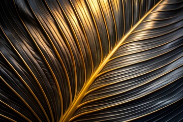 Obraz premium A closeup view of a dark leaf with golden veins illuminated by sunlight