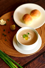 Creamy Chicken and Mushroom Soup with Rustic Bread Roll Side