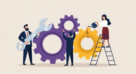 Flat illustration of business team working together with gears and tools to achieve project success and operational efficiency