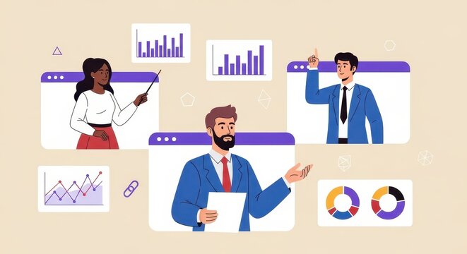 Flat illustration of a virtual business meeting where a diverse team discusses analytics and charts via online platforms