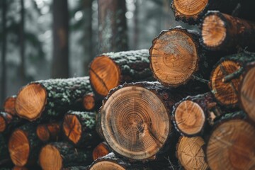 Freshly cut logs stacked in a forest, showcasing the natural beauty and texture of the wood with tree rings