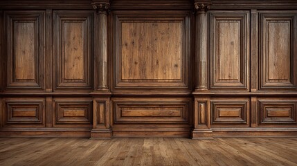 Exquisite dark wood paneling with classical pillars offers a historic and luxurious architectural background and design.