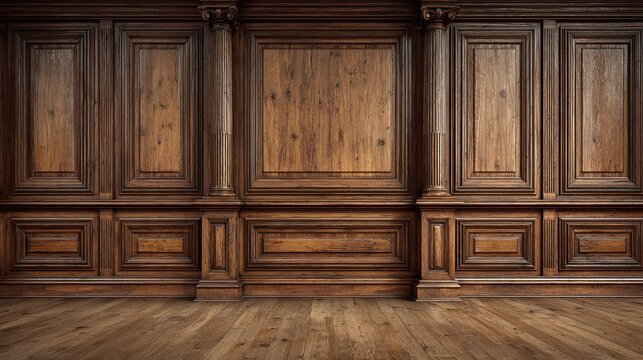 Exquisite dark wood paneling with classical pillars offers a historic and luxurious architectural background and design.