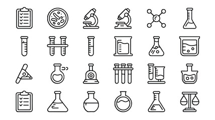 Black and white line art icons of scientific equipment and symbols