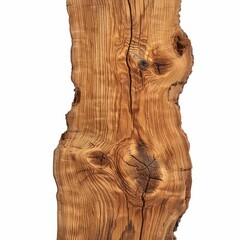 Vertical shot of a live edge wood slab with prominent knots and natural grain patterns, isolated on white