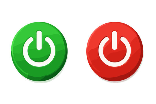 Power on and off button icon set. Green for start, red for stop. Realistic 3D vector symbol for web design, mobile app interface. Digital push switch sign on transparent background.