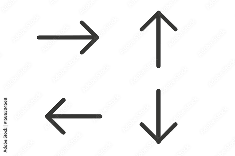 Poster set of 4 black arrow icons in thin line style. arrow collection with up, down, left, right direction