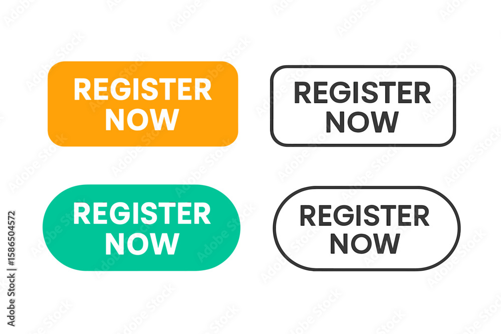 Poster register now button set for web design. call to action ui element collection. vector graphic for web