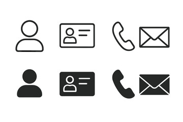 Business card contact information icons set. Vector collection of communication symbols including user, phone, mail, and address. Thin line and glyph styles for web and print.