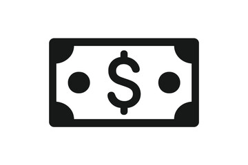 Dollar Bill Icon Vector, Minimalist Flat Design Cash Symbol, Black and White Money Illustration, Financial Payment Banknote, Currency Sign for Finance App, Transparent Background