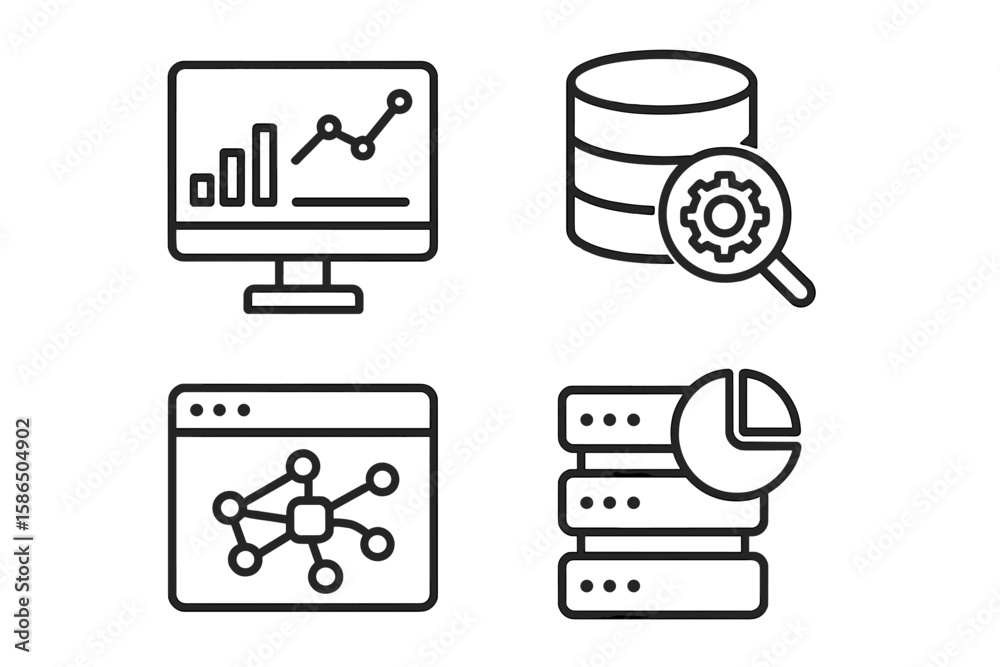 Poster data analytics line icon set. big data analysis and processing symbols. vector graphic elements for 