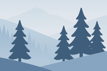Obraz premium Serene Blue Mountain Landscape with Evergreen Trees and Misty Hills