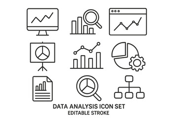 Data analysis and statistics thin line icon set. Business analytics and research vector icons. Editable stroke chart, graph, diagram, report for infographic design.