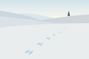 Tranquil Winter Landscape with Footprints in Fresh Snow and Tree