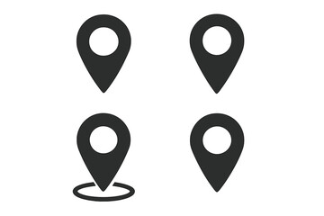 Set of four location pin icons. Simple map pointer symbol collection for navigation, destination, and GPS. Flat vector graphic element for web, mobile app, UI, and UX design.