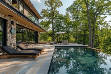 Fototapeta premium Tranquil scene of a modern luxury home with an infinity pool overlooking a lush green forest, offering a serene and private retreat