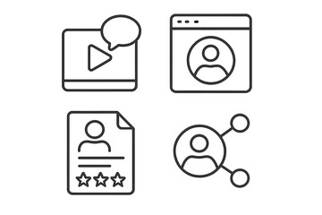 Web icons set in thin line style. Social media marketing, user profile, video blog, customer review, feedback, and network connection symbols for web and mobile app UI design.
