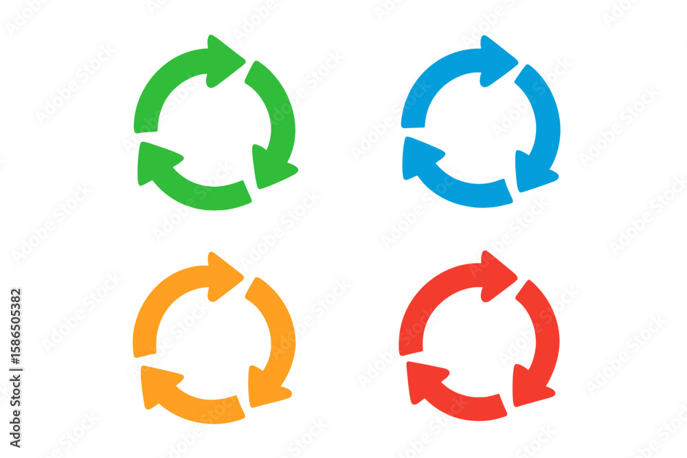 Poster set of 4 colorful arrow rotation circle icons. recycling, refresh, reload, loop sign collection. fla