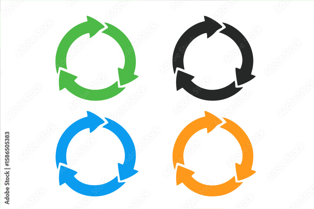 Poster set of 4 colorful arrow rotation circle icons. recycling, refresh, and reload loop symbols. flat vec