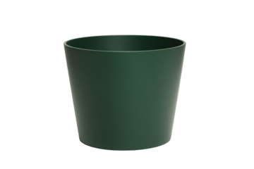 a green trash can sitting on top of a white floor