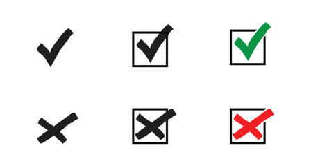 Simple, hand-drawn check and x marks within squares, perfect for digital or print use in educational materials, forms, websites, or presentations.