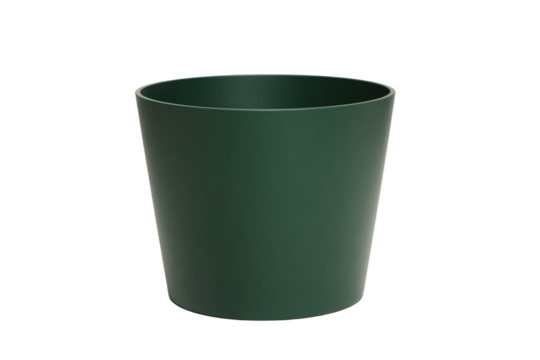 a green trash can sitting on top of a white floor