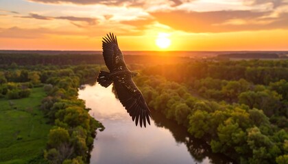 Majestic eagle soaring over a river at sunset