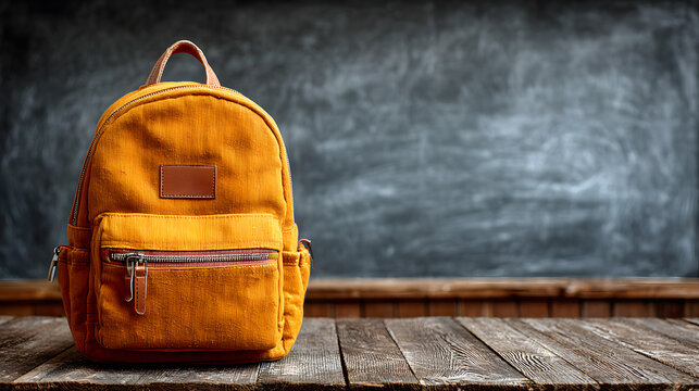 Bright Yellow School Backpack Placed on Rustic Wooden Table in Front of a Chalkboard in a Classic Classroom Setting