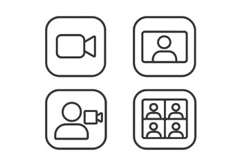 Video conference line icon set. Buttons for online video chat, remote meeting, and webinar. Communication technology symbols for web and mobile app UI UX design. Live stream.