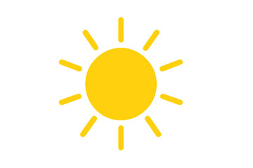 Bright Yellow Sun Icon with Radiant Sunbeams, Minimalist Vector Symbol, Weather, Summer, Sunshine, Isolated Clipart, Modern Flat Design, Daytime Energy, Solar Concept, Transparent Background