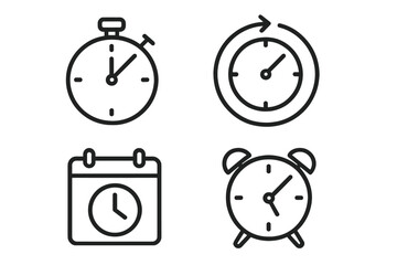 Minimalist Line Art Time and Clock Icon Set &mdash; Stopwatch, Timer, Calendar, Countdown, Alarm, Time Management, Speed Recovery, Simple Clock and Watch Symbols for Web and App UI