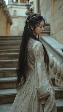 Elegant Asian Woman in Regal Embroidered Gown Walking Down Historic Stone Staircase with Crown