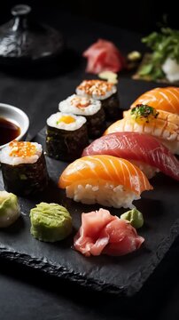 Elegant Assorted Sushi Platter with Salmon Tuna Nigiri and Colorful Maki Rolls