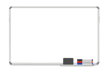 Realistic Office Whiteboard Mockup with Marker Pens and Eraser, Empty White Presentation Board, Classroom Black Whiteboard Template, Isolated Vector for Office, School, Workspace Display