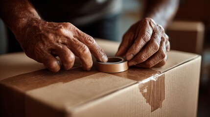 Senior hands sealing cardboard box, retirement, moving, packing, relocating with brown tape, creating a sense of new beginnings.