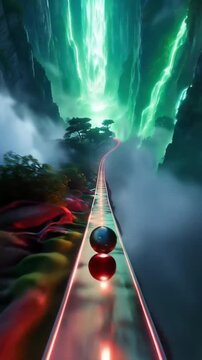Futuristic Neon Pathway with Glowing Spheres Leading Into a Majestic Waterfall and Mystical Forest Landscape