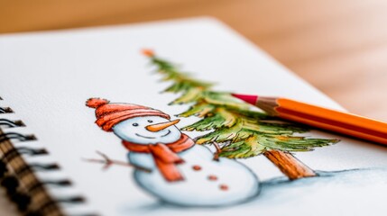Snowman and Christmas tree drawing with colored pencil on sketchbook  