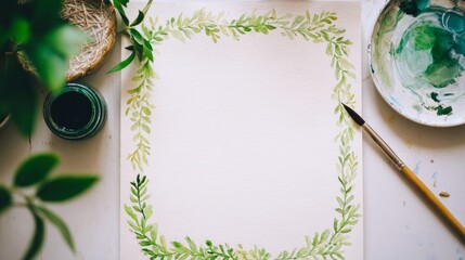 Green watercolor frame with paintbrush and supplies on table  
