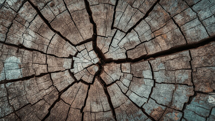 Fototapeta premium Close-up of a weathered tree stump showing its concentric growth rings and cracks radiating from the center.